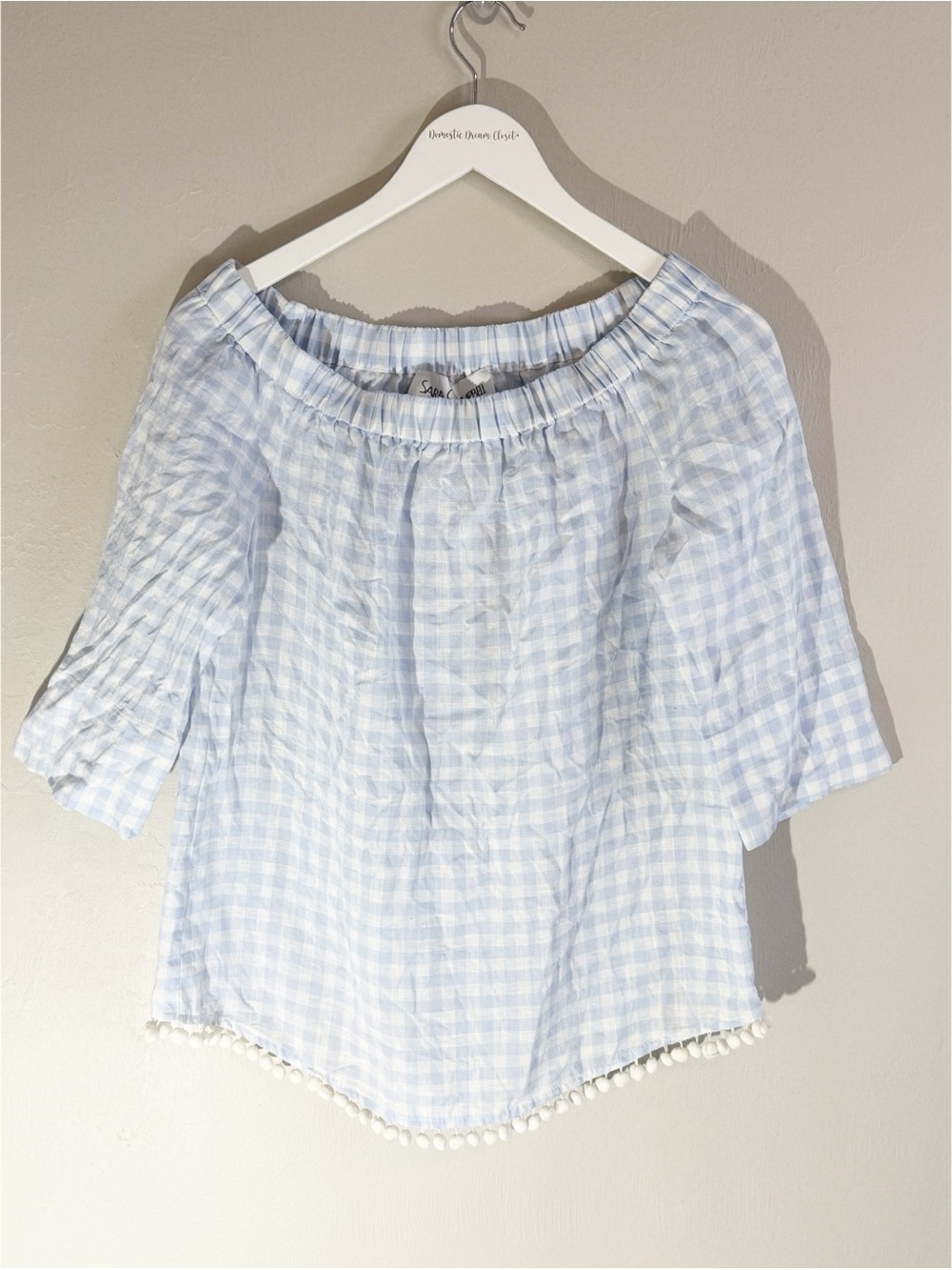 SARA CAMPBELL Women’s Blue Gingham Linen Off Shoulder Blouse Pom Pom Hem Size XS